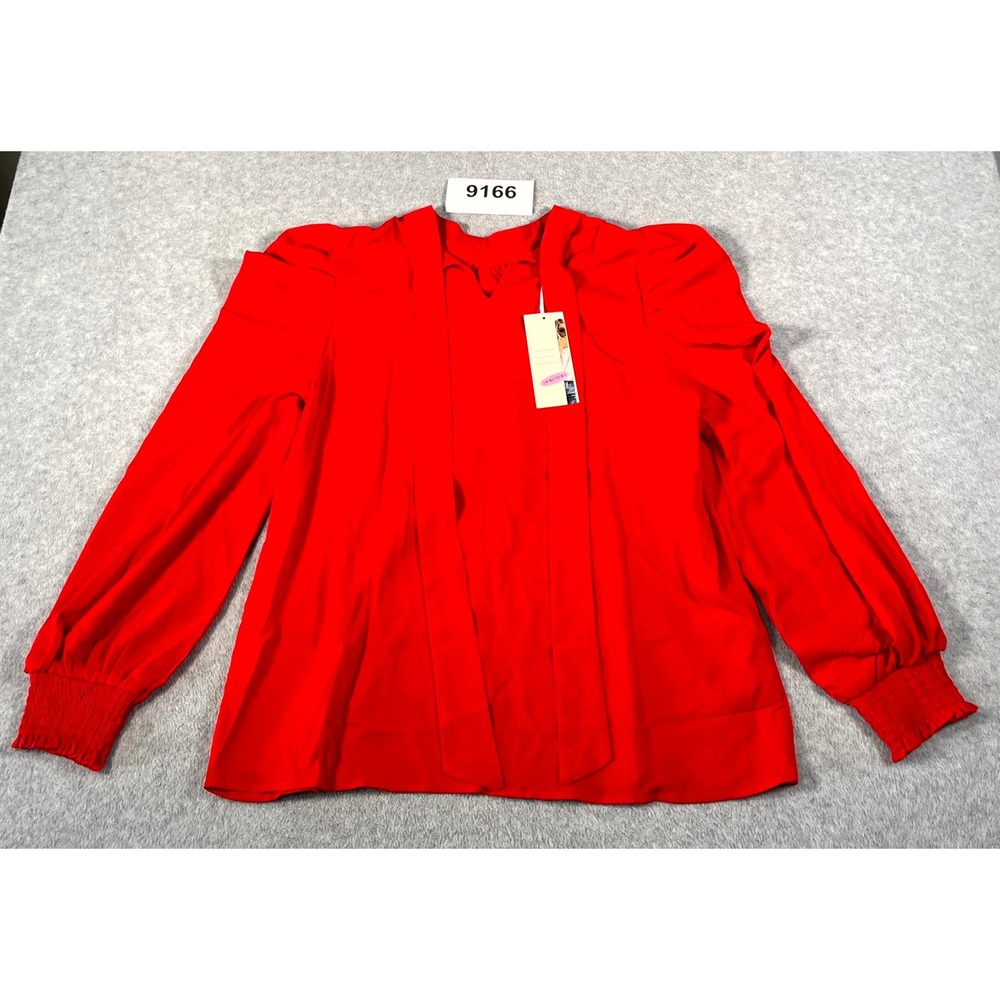 Dokotoo Blouse Top Womens Large Red Tie Split Neck Puff Sleeve Casual Outdoor
